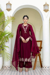 Maroon Floral Designer Embroidered Thread Work Kurta Pant With Dupatta Set