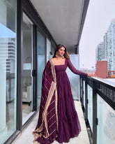 Wine Designer Party Wear Faux Georgette Ruffle Style Gown