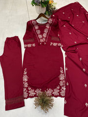 Maroon Floral Designer Embroidered Thread Work Kurta Pant With Dupatta Set