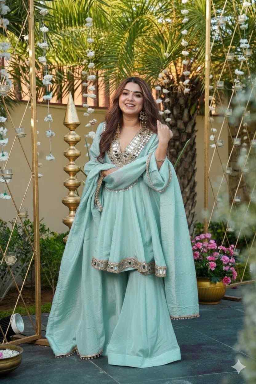 Mirror-Embellished Festive Peplum Sharara Set