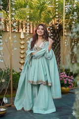 Mirror-Embellished Festive Peplum Sharara Set