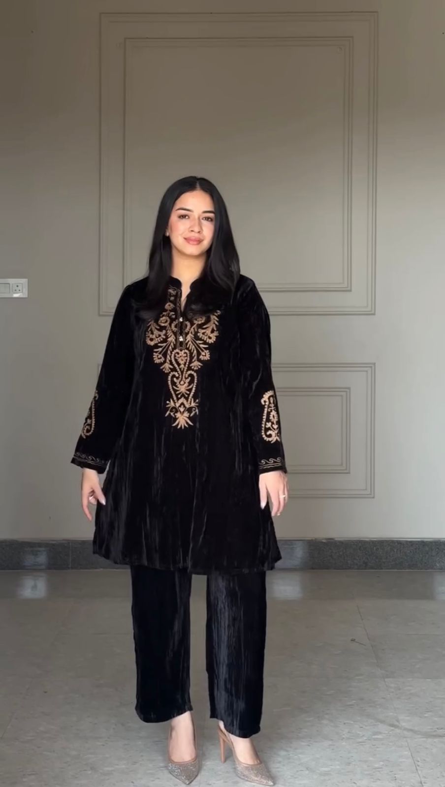 Designer Black Velvet Kurta Set with Handcrafted Gold Detailing