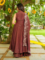 Brown Anarkali Suit with Floral Embroidered Dupatta