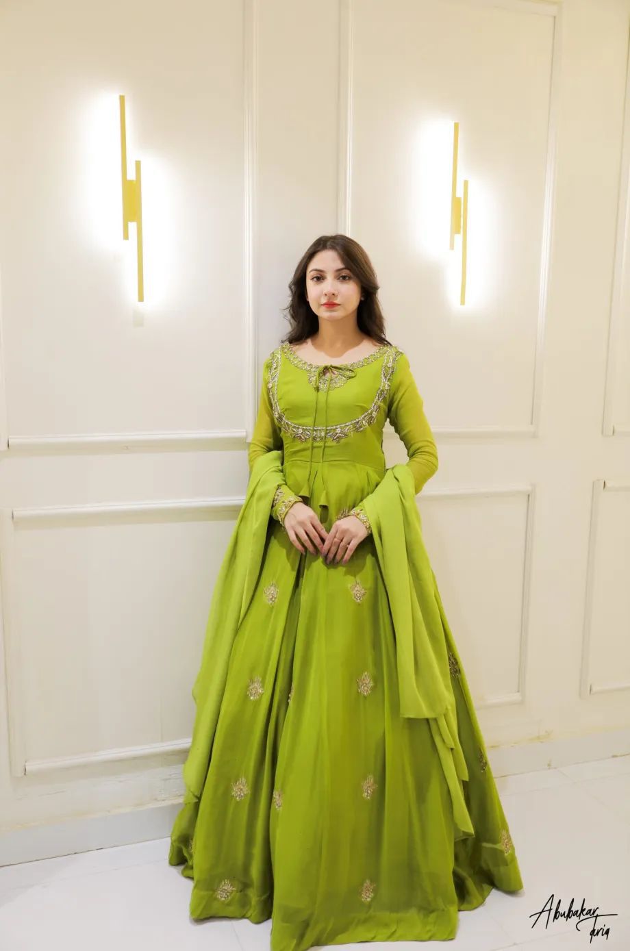 Lime Green Flowy Anarkali Suit with Embellished Border