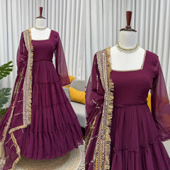 Wine Designer Party Wear Faux Georgette Ruffle Style Gown