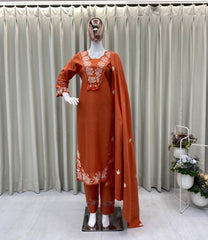 Rust Orange Floral Designer Embroidered Thread Work Kurta Pant With Dupatta Set