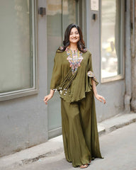OLIVE GREEN NEW TRENDY THREE PIECE INDO WESTERN WITH SEQUENCE EMBROIDERED WORK