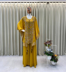 YELLOW DESIGNER WEAR KURTA PLAZZO PAIR WITH SHRUGS IN SEQUENCE EMBROIDERY WORK