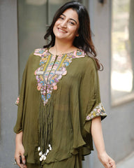OLIVE GREEN NEW TRENDY THREE PIECE INDO WESTERN WITH SEQUENCE EMBROIDERED WORK
