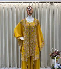 YELLOW DESIGNER WEAR KURTA PLAZZO PAIR WITH SHRUGS IN SEQUENCE EMBROIDERY WORK
