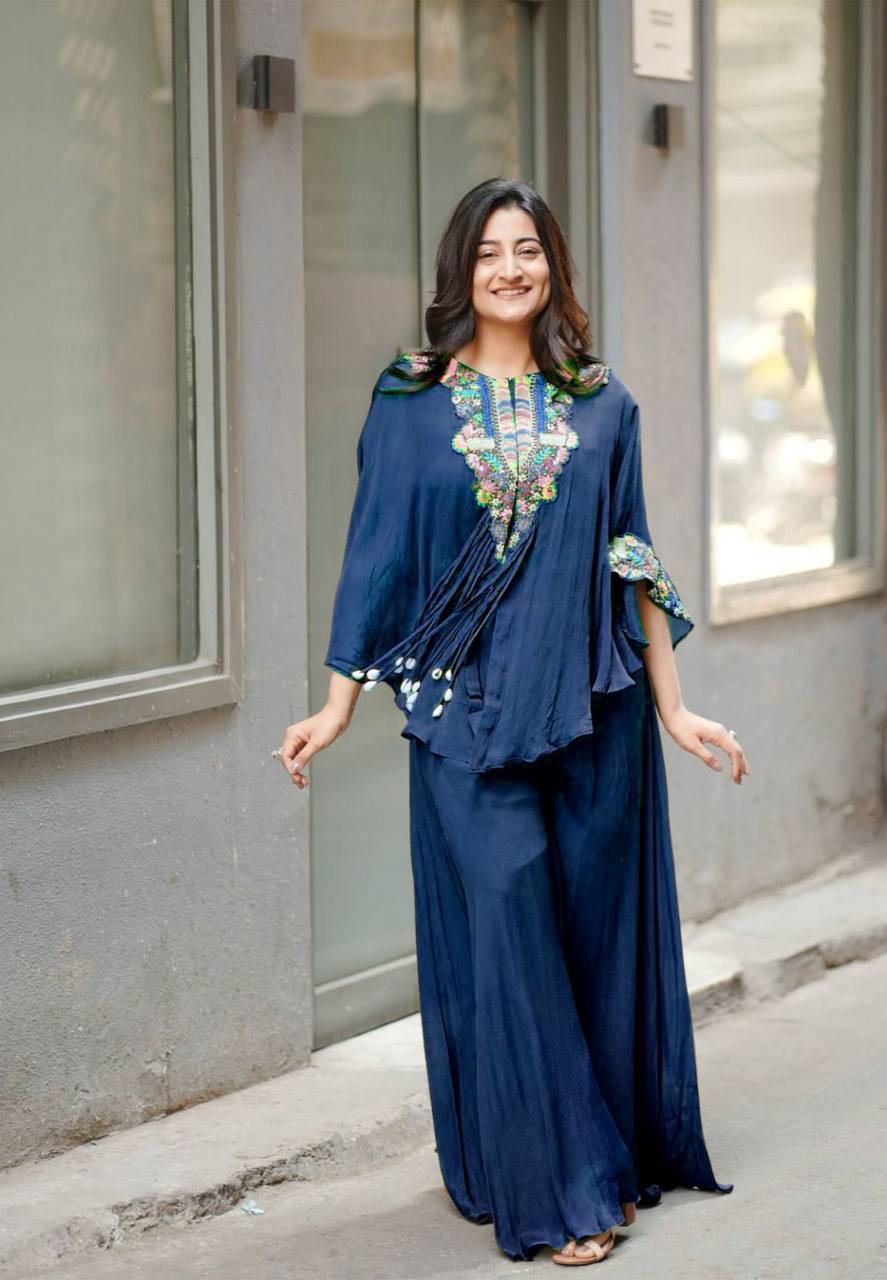 NAVY BLUE NEW TRENDY THREE PIECE INDO WESTERN WITH SEQUENCE EMBROIDERED WORK