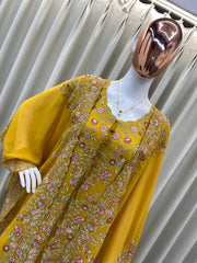 YELLOW DESIGNER WEAR KURTA PLAZZO PAIR WITH SHRUGS IN SEQUENCE EMBROIDERY WORK