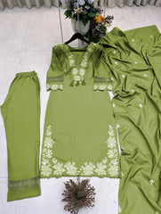 Pista Green Floral Designer Embroidered Thread Work Kurta Pant With Dupatta Set