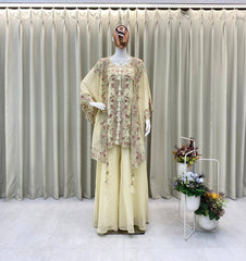 CREAM DESIGNER WEAR KURTA PLAZZO PAIR WITH SHRUGS IN SEQUENCE EMBROIDERY WORK