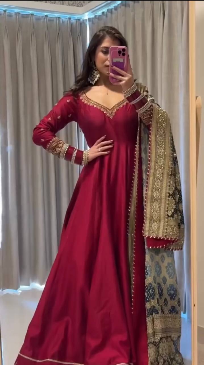 DESIGNER CHINNON SILK GOWN SET WITH PANT DUPATTA