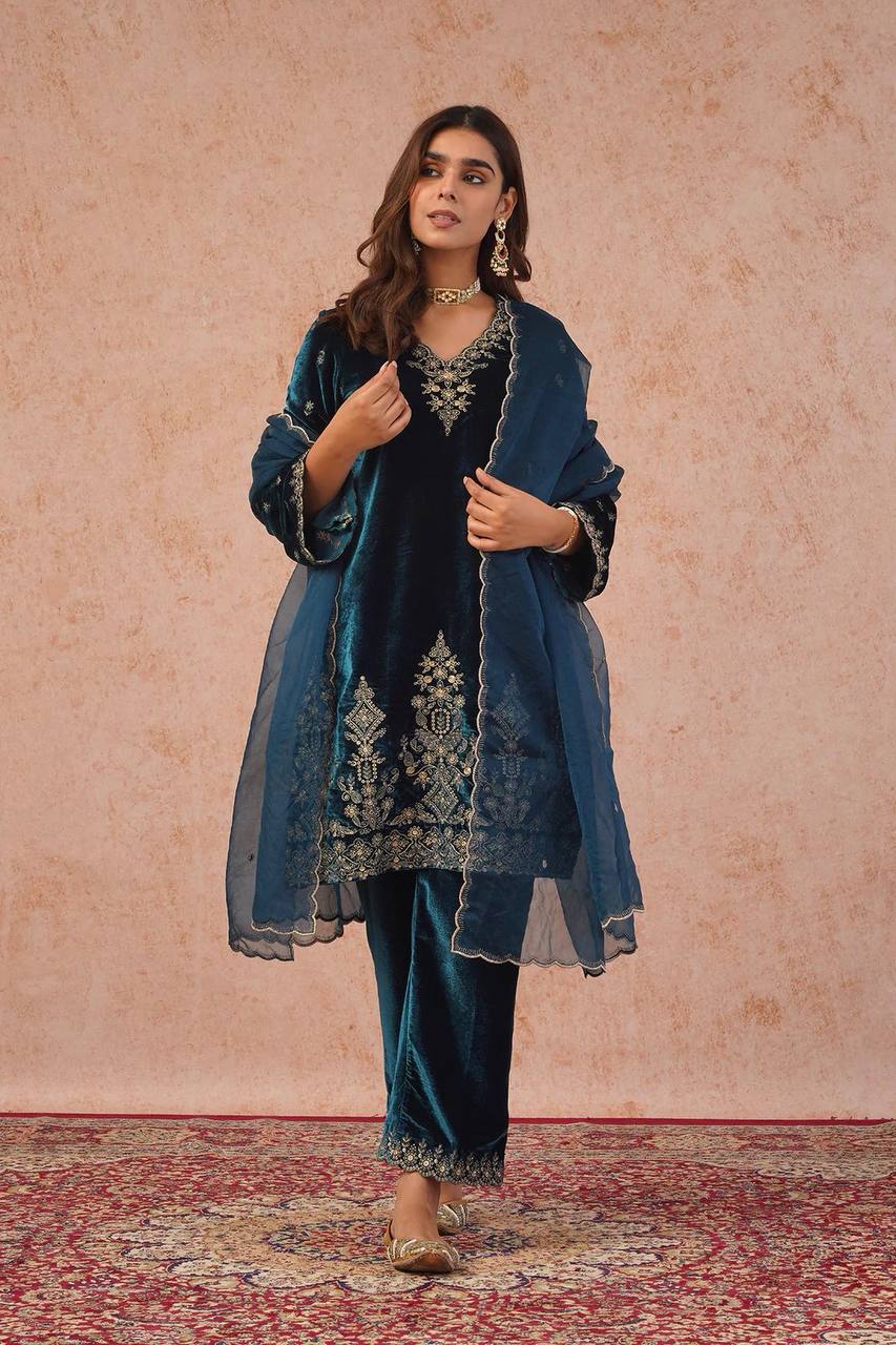 Royal Blue Velvet Set Elegant Ethnic Wear