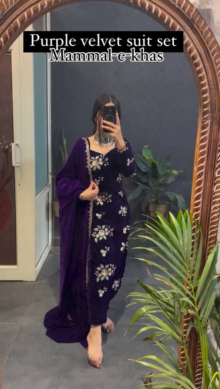 PURPLE VELVET SEQUENCE WORK KURTA SUIT SET