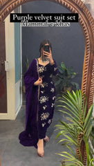 PURPLE VELVET SEQUENCE WORK KURTA SUIT SET