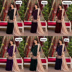 WINE DESIGNER PARTY WEAR HEAVY VISCOSE VELVET TOP WITH SHARARA