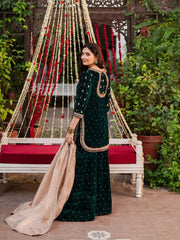GREEN DESIGNER PARTY WEAR HEAVY VISCOSE VELVET TOP WITH SHARARA