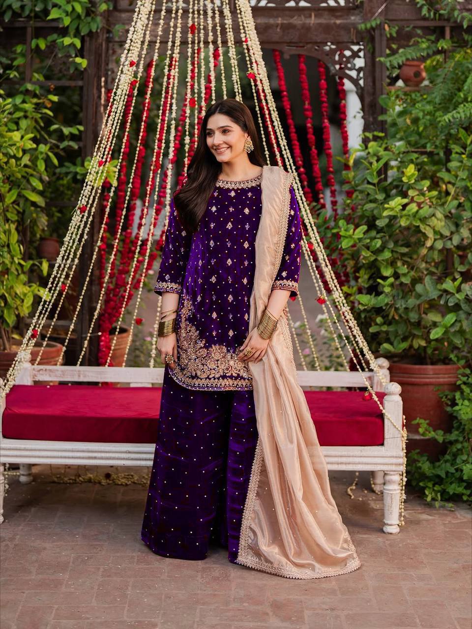 PURPLE DESIGNER PARTY WEAR HEAVY VISCOSE VELVET TOP WITH SHARARA
