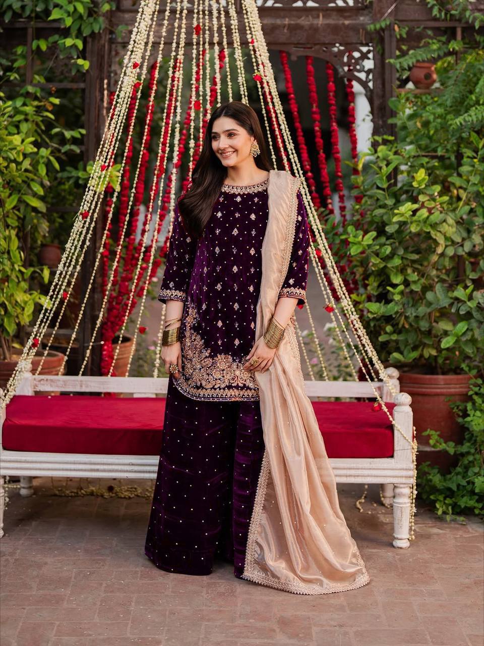 WINE DESIGNER PARTY WEAR HEAVY VISCOSE VELVET TOP WITH SHARARA
