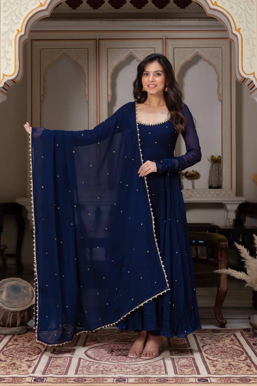 Navy Blue Faux Georgette With Handwork Gown Set