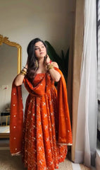 Orange Color Heavy Fendy Silk Fabric Sequence Work Anarkali Set