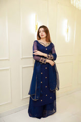 Blue Faux Georgette Embroidery With Thread Work Palazzo Suit