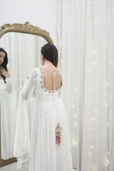 White Designer Faux Georgette With Hand Work & Fancy Lace Gown