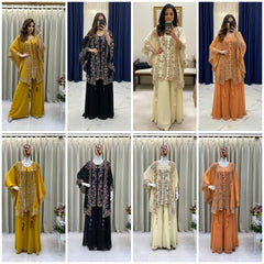 BLACK DESIGNER WEAR KURTA PLAZZO PAIR WITH SHRUGS IN SEQUENCE EMBROIDERY WORK