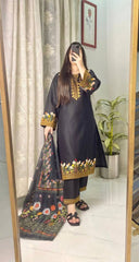 Black Designer Embroidered Roman Kurta Suit With Floral Dupatta
