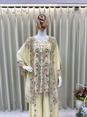 CREAM DESIGNER WEAR KURTA PLAZZO PAIR WITH SHRUGS IN SEQUENCE EMBROIDERY WORK