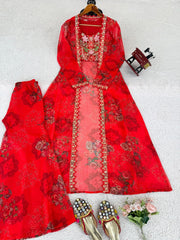 Red Rich Tibby Silk Thread With Sequence work & Digital Print Designer Sharara Set