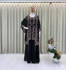 BLACK DESIGNER WEAR KURTA PLAZZO PAIR WITH SHRUGS IN SEQUENCE EMBROIDERY WORK