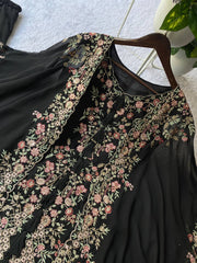 BLACK DESIGNER WEAR KURTA PLAZZO PAIR WITH SHRUGS IN SEQUENCE EMBROIDERY WORK