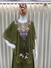OLIVE GREEN NEW TRENDY THREE PIECE INDO WESTERN WITH SEQUENCE EMBROIDERED WORK
