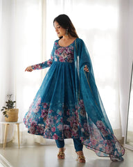 Rama Anarkali With Floral Printed