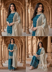 Teal Blue Organza Silk Sequence Work Designer Palzoo Suit