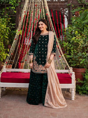 GREEN DESIGNER PARTY WEAR HEAVY VISCOSE VELVET TOP WITH SHARARA