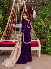 PURPLE DESIGNER PARTY WEAR HEAVY VISCOSE VELVET TOP WITH SHARARA
