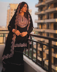 Black Color Party Wear Designer Georgette Kurta With Sharara & dupatta Set