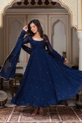 Navy Blue Faux Georgette With Handwork Gown Set