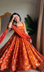 Orange Color Heavy Fendy Silk Fabric Sequence Work Anarkali Set