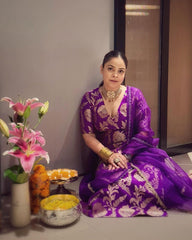 Purple Jacquard Silk Fabric Suit with Crepe Pant and Soft Net Dupatta