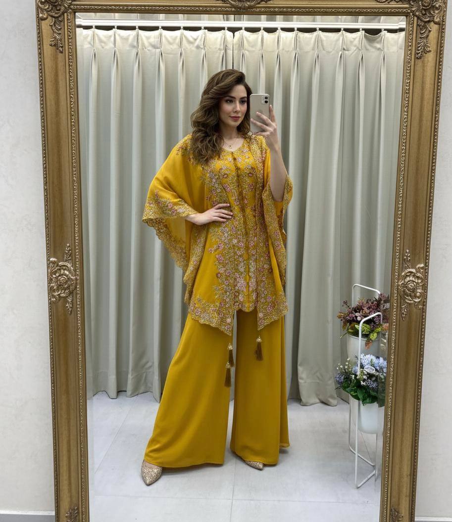 YELLOW DESIGNER WEAR KURTA PLAZZO PAIR WITH SHRUGS IN SEQUENCE EMBROIDERY WORK