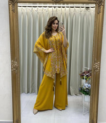 YELLOW DESIGNER WEAR KURTA PLAZZO PAIR WITH SHRUGS IN SEQUENCE EMBROIDERY WORK