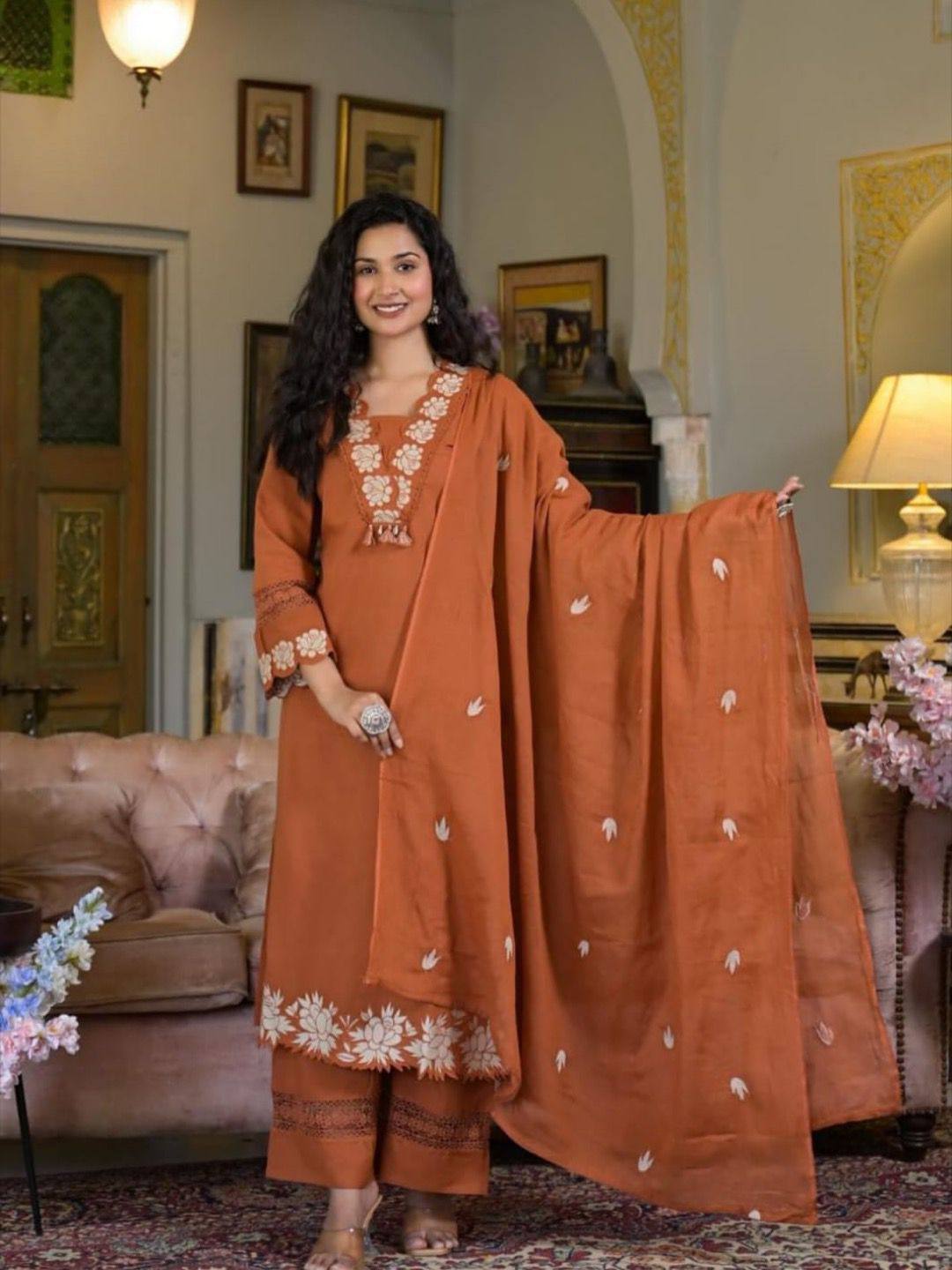 Rust Orange Floral Designer Embroidered Thread Work Kurta Pant With Dupatta Set