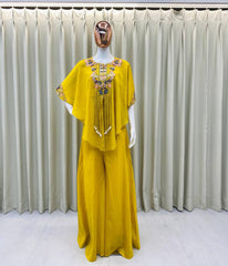 YELLOW NEW TRENDY THREE PIECE INDO WESTERN WITH SEQUENCE EMBROIDERED WORK