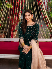 GREEN DESIGNER PARTY WEAR HEAVY VISCOSE VELVET TOP WITH SHARARA